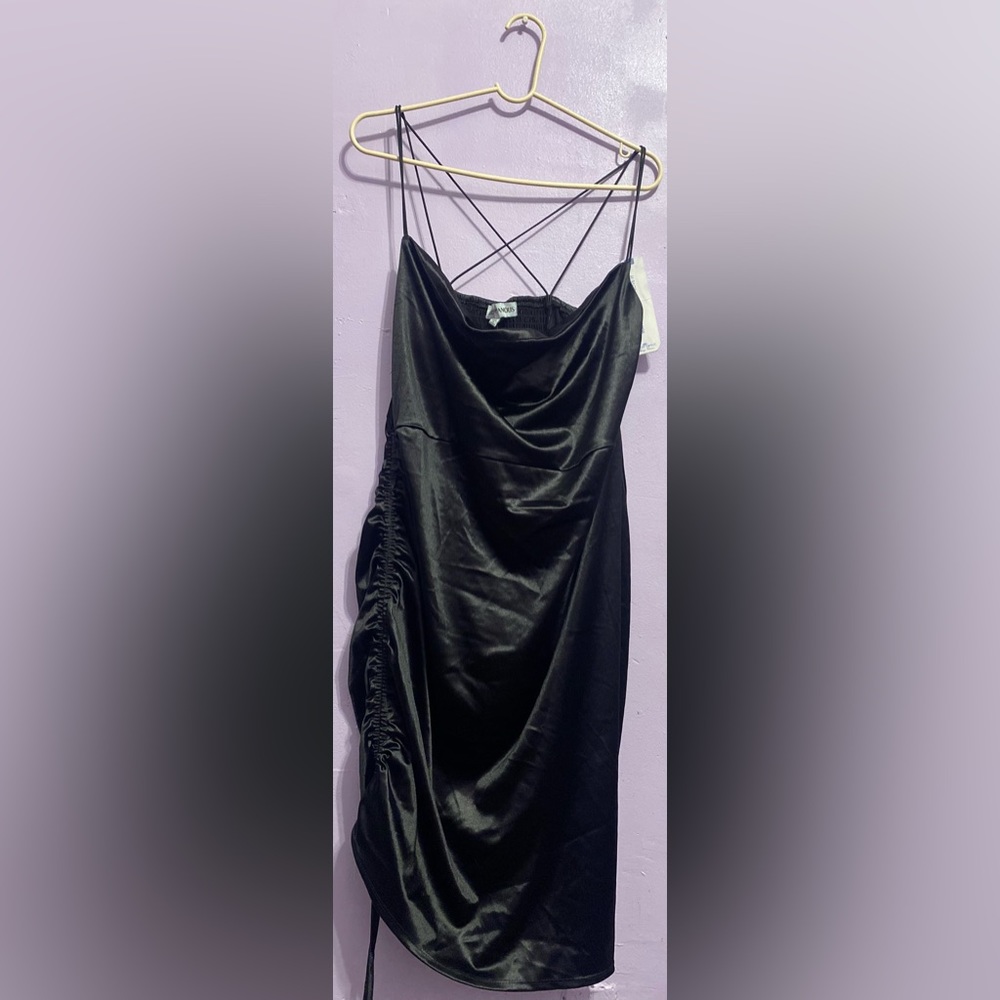 Rainbow Black Satin Mini Dress with Ruched Side & Strappy Back